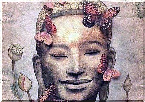 Smiling Buddha with butterflies