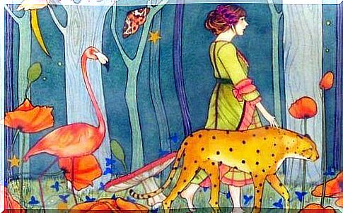 girl walking in the forest with cheetah and flamingo