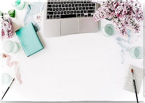 Desk decorated with flowers